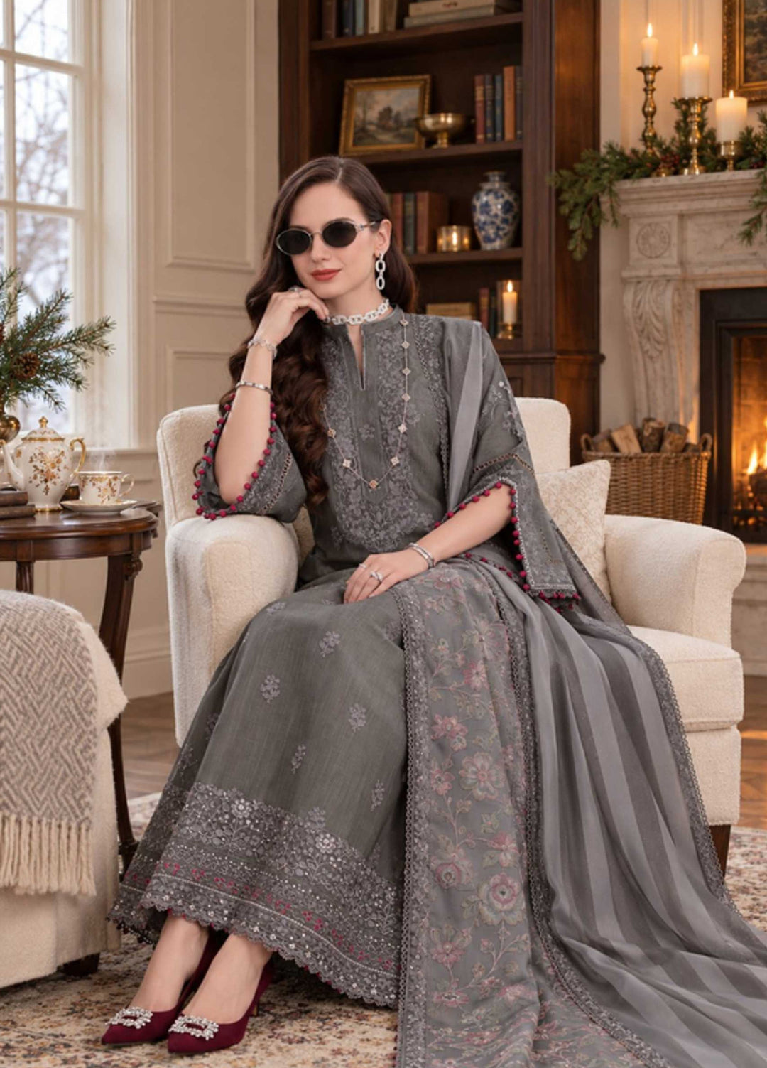 Noor Pashmina Shawl by Saadia Asad Unstitched Embroidered Khaddar 3 Piece Suit SA26UNW D13 - Winter Collection