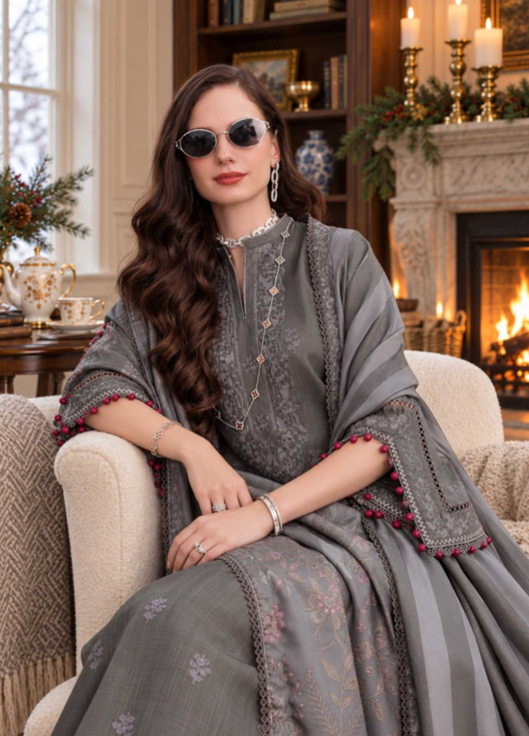 Noor Pashmina Shawl by Saadia Asad Unstitched Embroidered Khaddar 3 Piece Suit SA26UNW D13 - Winter Collection