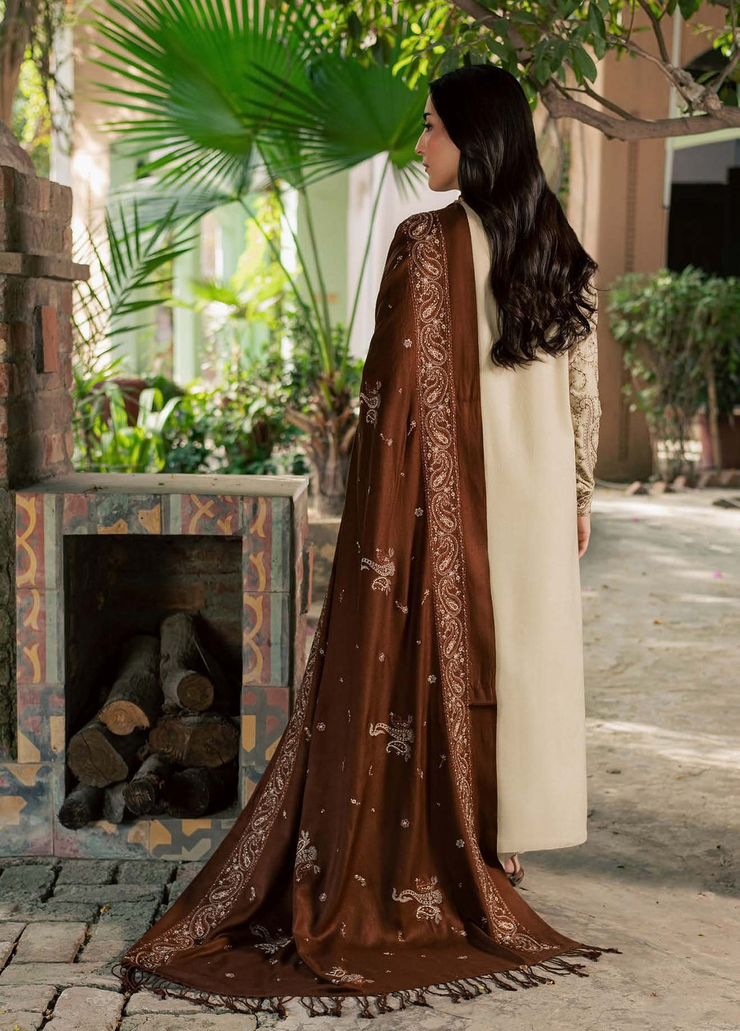 Pashmina Shawl by Nureh Unstitched Embroidered Leather Peach 3 Piece Suit NU26UPS NE-294 - Winter Collection