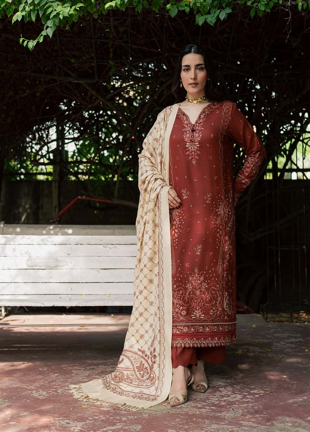 Pashmina Shawl by Nureh Unstitched Embroidered Leather Peach 3 Piece Suit NU26UPS NE-296 - Winter Collection