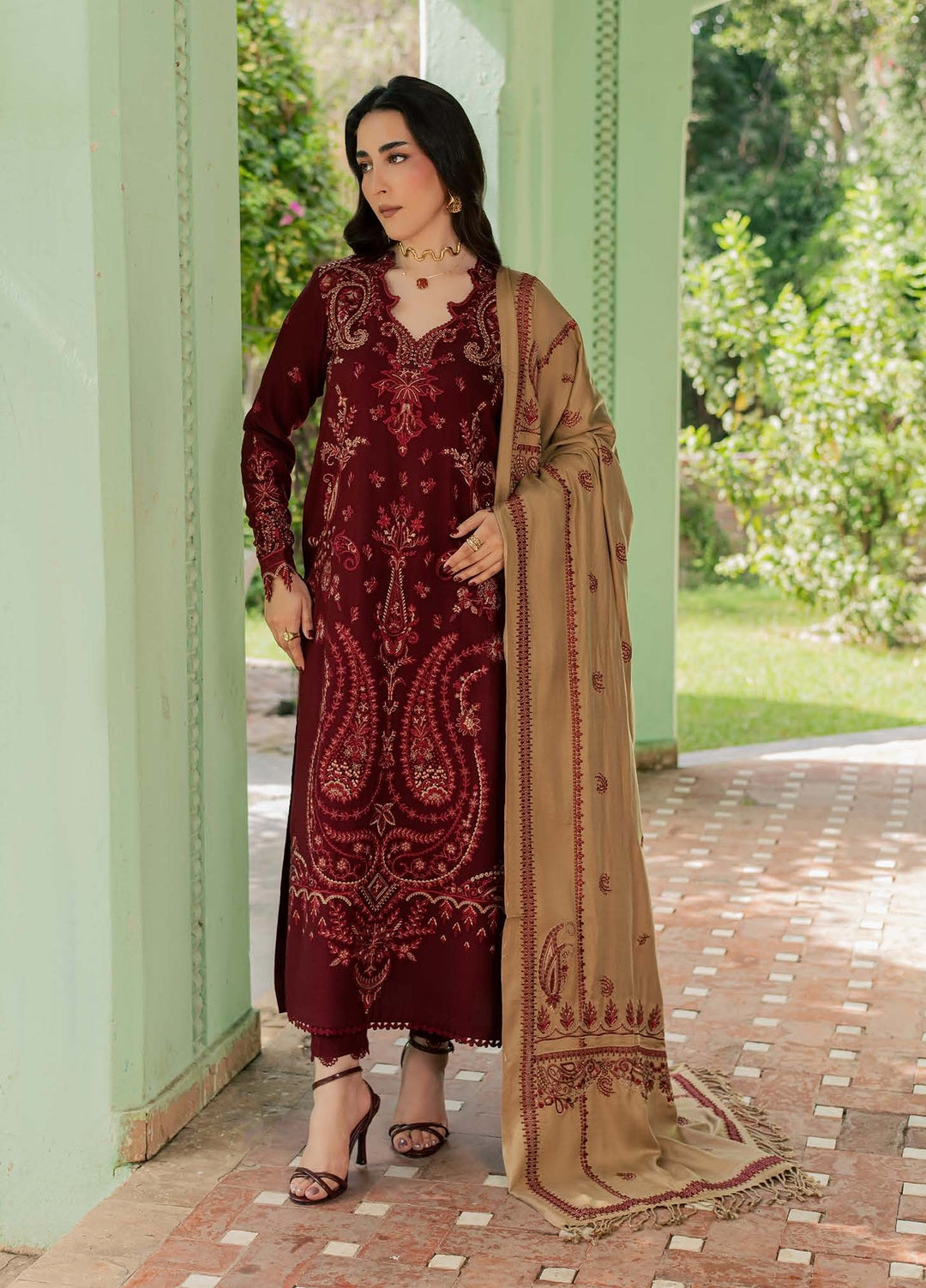 Pashmina Shawl by Nureh Unstitched Embroidered Leather Peach 3 Piece Suit NU26UPS NE-298 - Winter Collection