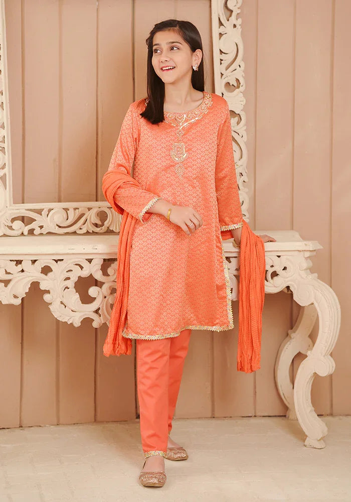 Ochre RTW Embroidered Cotton Jacquard Hand Adda Work Girls 3 Piece OFW-JB-08 - Winter Collection