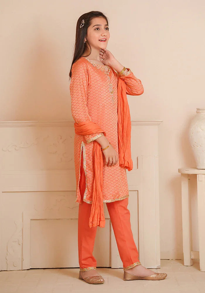 Ochre RTW Embroidered Cotton Jacquard Hand Adda Work Girls 3 Piece OFW-JB-08 - Winter Collection