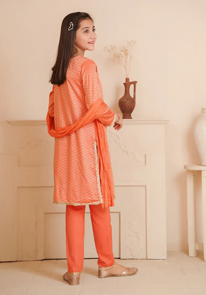 Ochre RTW Embroidered Cotton Jacquard Hand Adda Work Girls 3 Piece OFW-JB-08 - Winter Collection