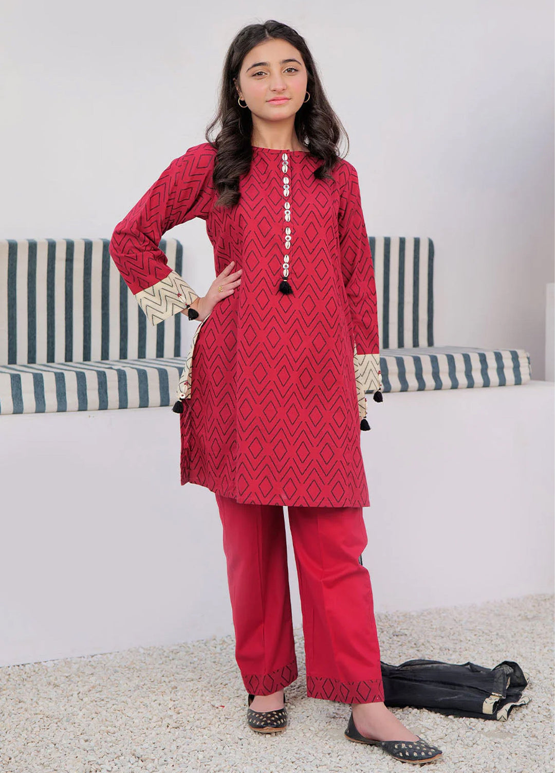 Senorita Girls Ready to Wear Girls Red and Black Casual 3 Piece Suit Cotton Jacquard Solids GAD-03004 - Summer Collection