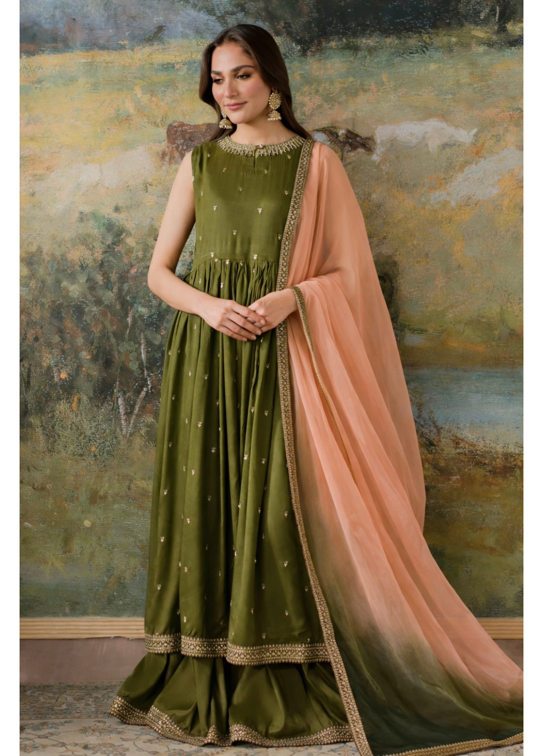 The Opulence by Girl Store RTW Solids Raw Silk 3 Piece Suit Olive - Eid Collection