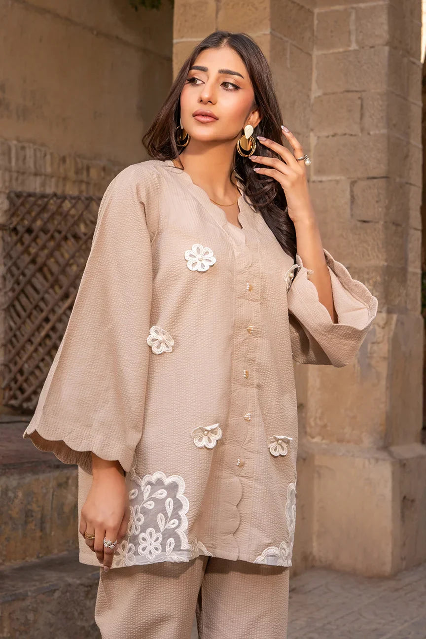 Dhaga Women Pret Embroidered Herringbone 2 Piece Suit Scaloppy Beige SS25DSE147 - Winter Collection