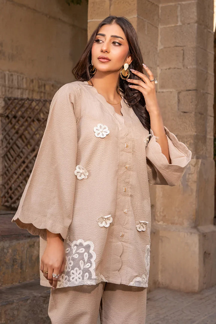 Dhaga Women Pret Embroidered Herringbone 2 Piece Suit Scaloppy Beige SS25DSE147 - Winter Collection
