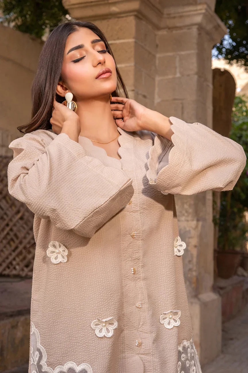 Dhaga Women Pret Embroidered Herringbone 2 Piece Suit Scaloppy Beige SS25DSE147 - Winter Collection