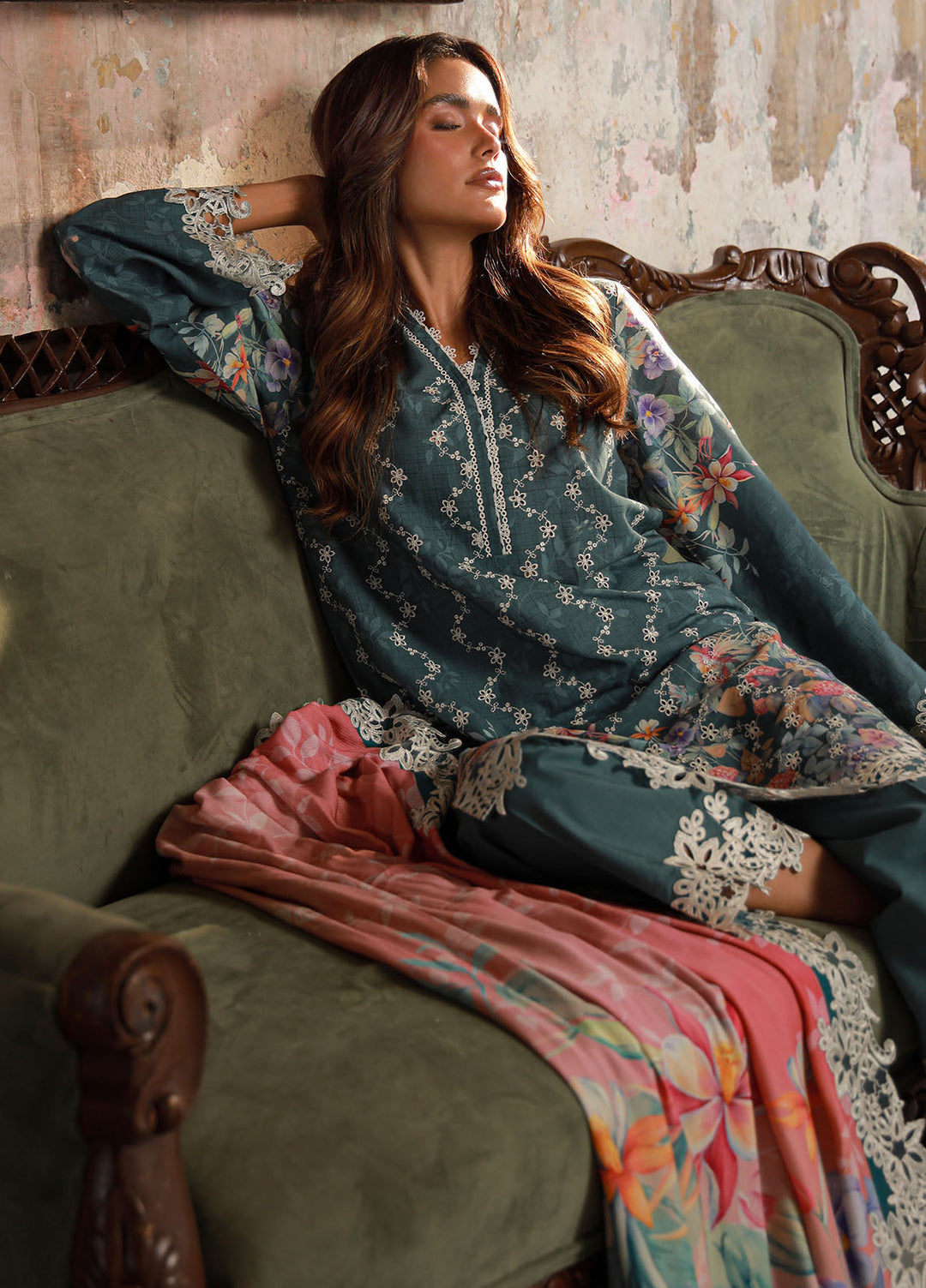 Sahar Embroidered Cotton Viscose Suits Unstitched 3 Piece SHR25FU AW1-25-18 Ocean Jewel - Winter Collection