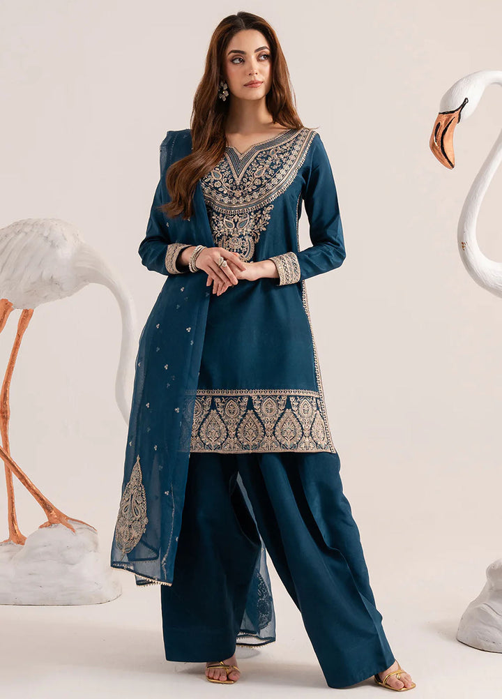 Izel Pret Embroidered Raw Silk 3 Piece Suit Ocean