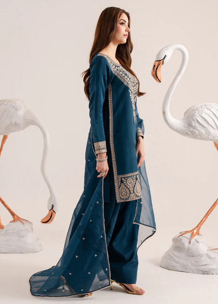 Izel Pret Embroidered Raw Silk 3 Piece Suit Ocean