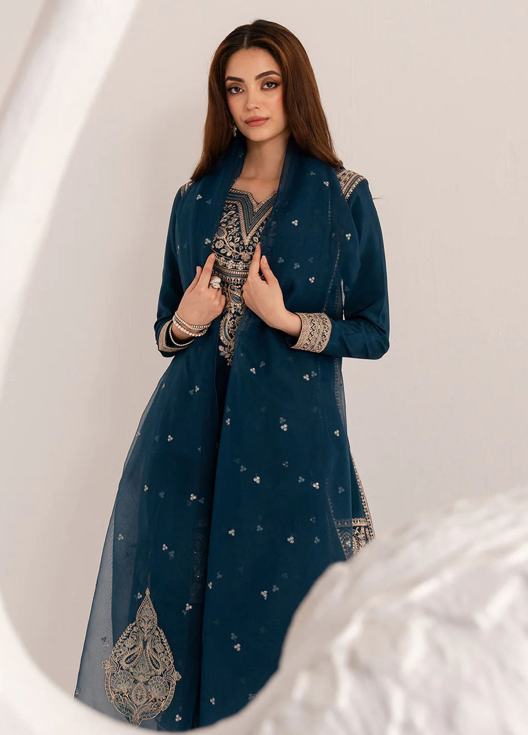 Izel Pret Embroidered Raw Silk 3 Piece Suit Ocean