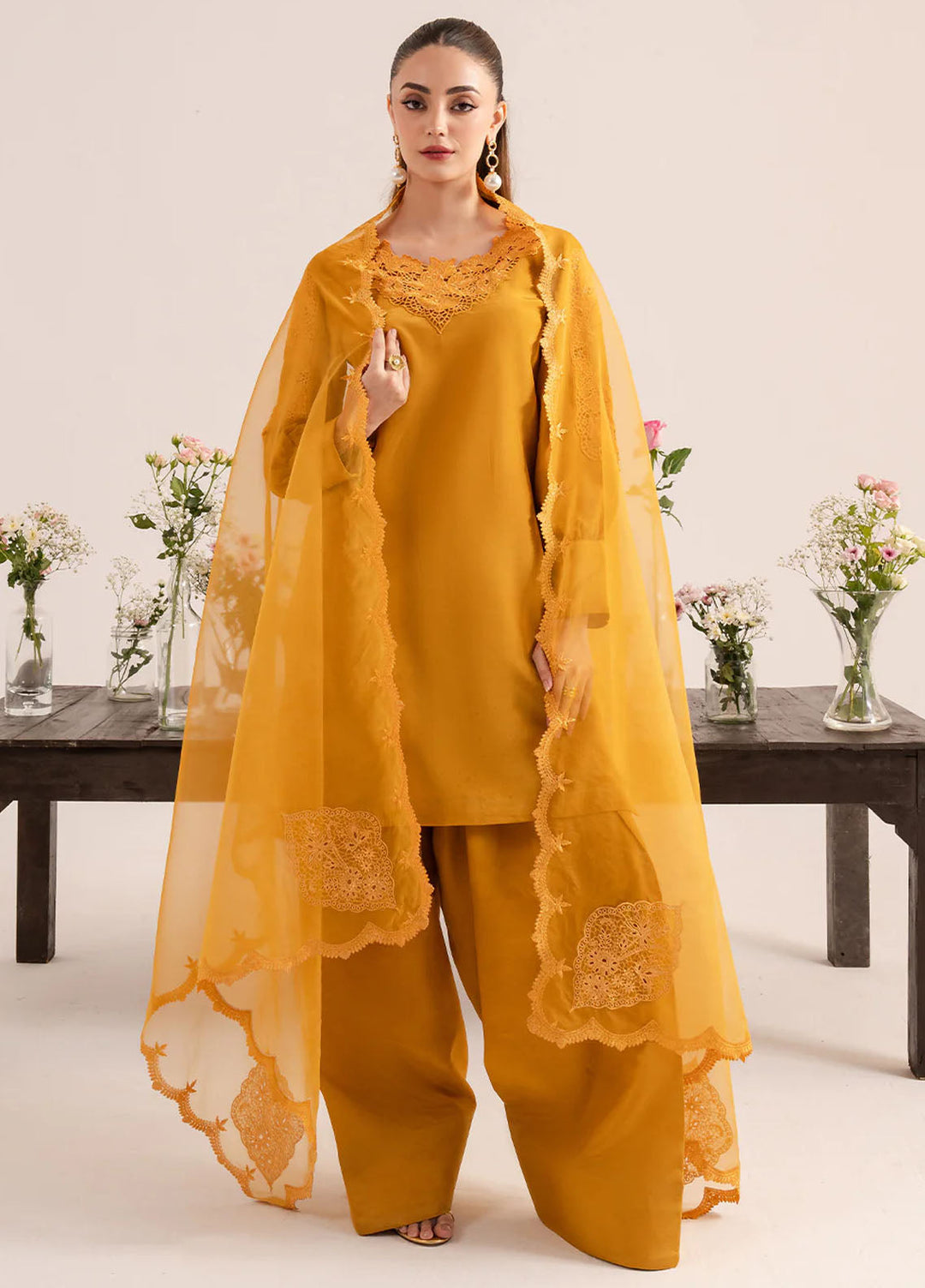 Izel Pret Embroidered Raw Silk 3 Piece Suit Ochre