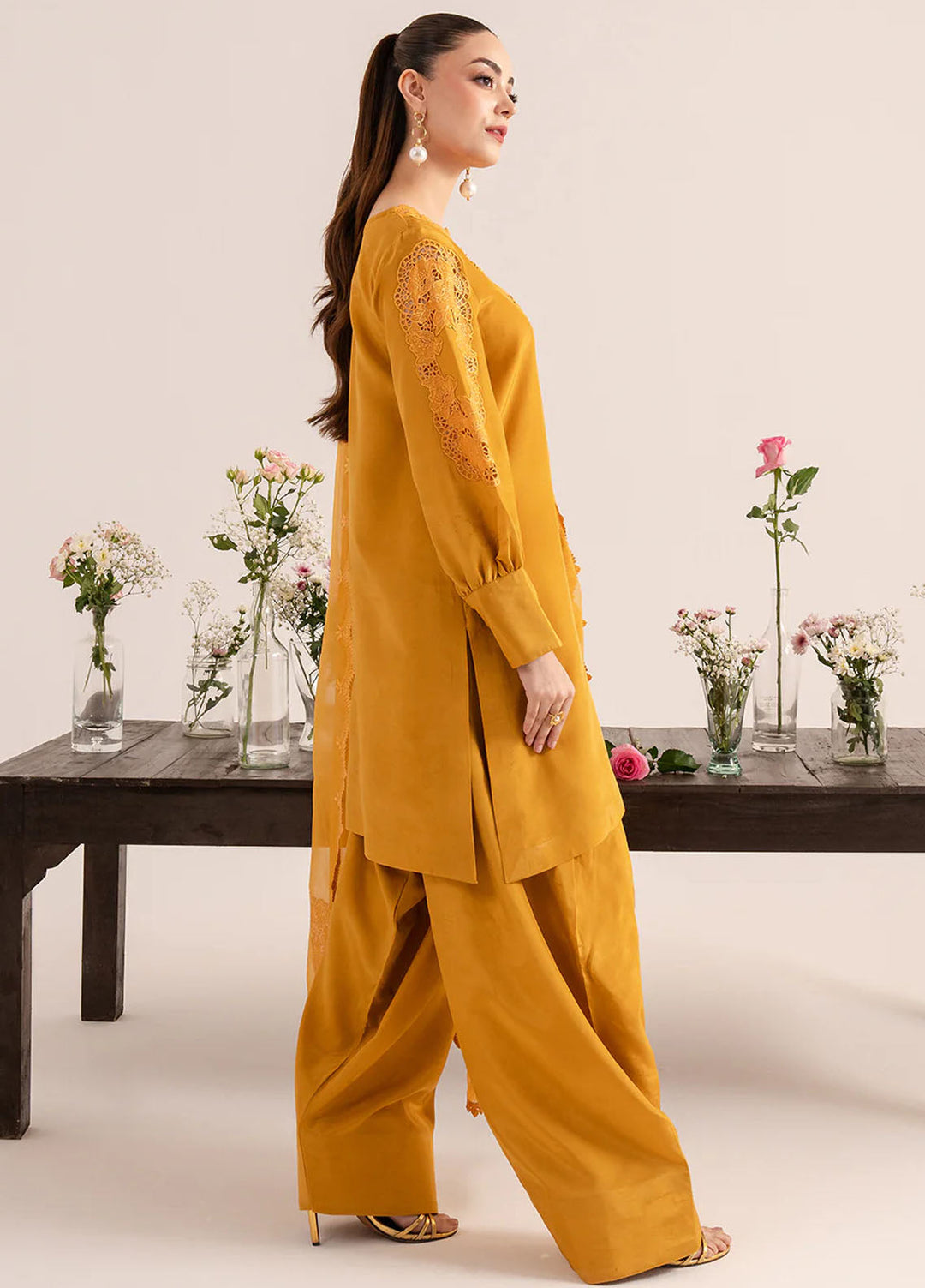 Izel Pret Embroidered Raw Silk 3 Piece Suit Ochre