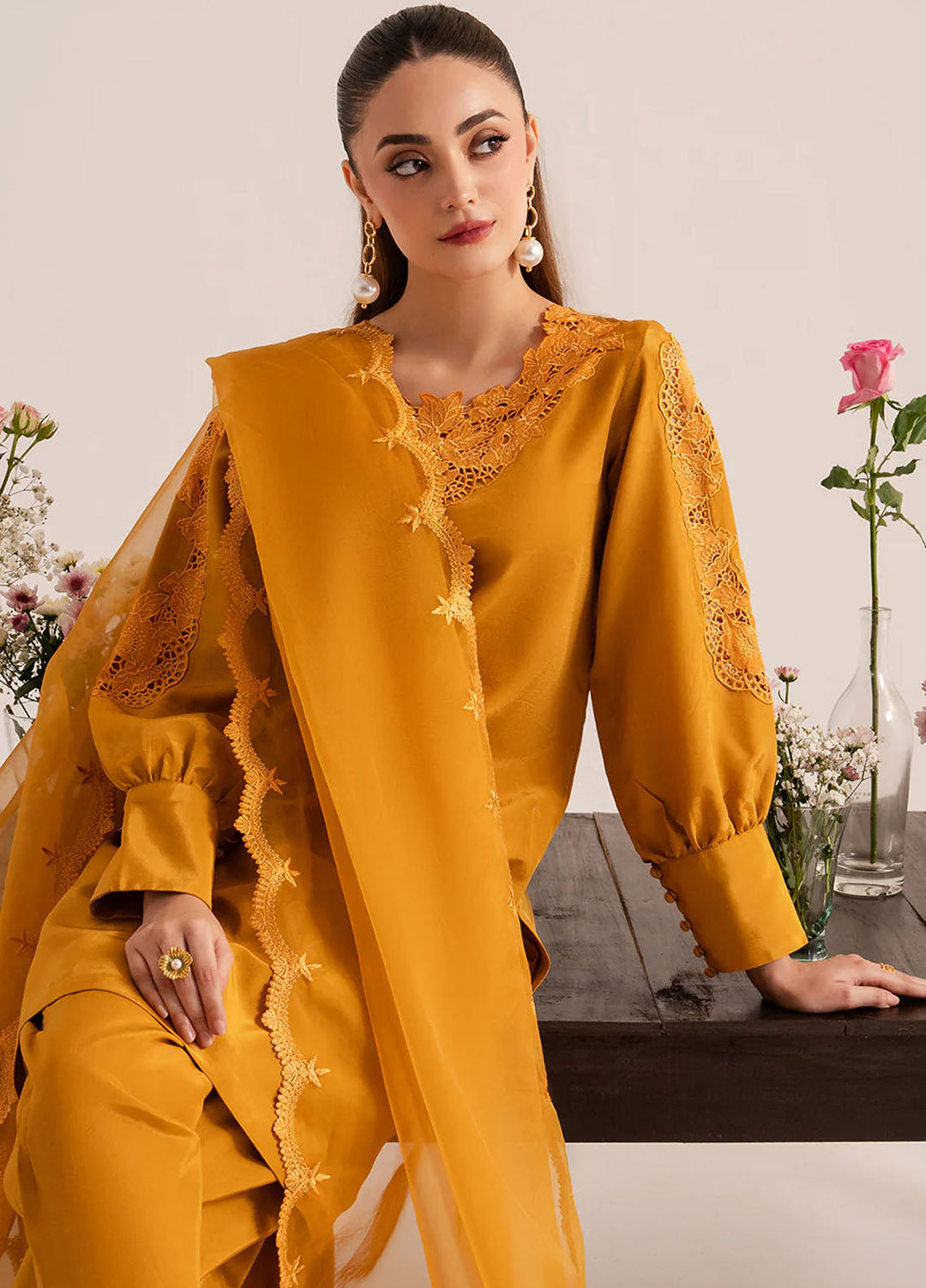 Izel Pret Embroidered Raw Silk 3 Piece Suit Ochre