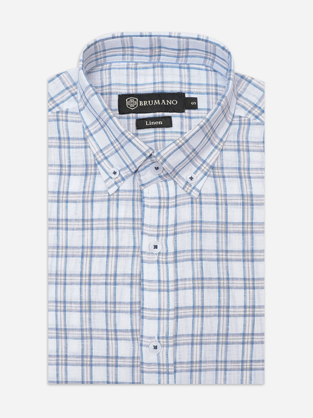 Brumano Ready To Wear Shirts Men 1 Piece Cotton Off-White & Blue Linen Button Down Shirt 0-31-025-4690 - Summer Collection