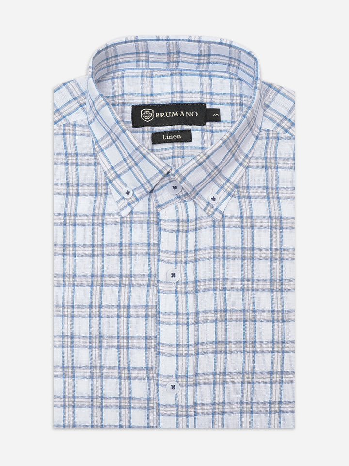 Brumano Ready To Wear Shirts Men 1 Piece Cotton Off-White & Blue Linen Button Down Shirt 0-31-025-4690 - Summer Collection