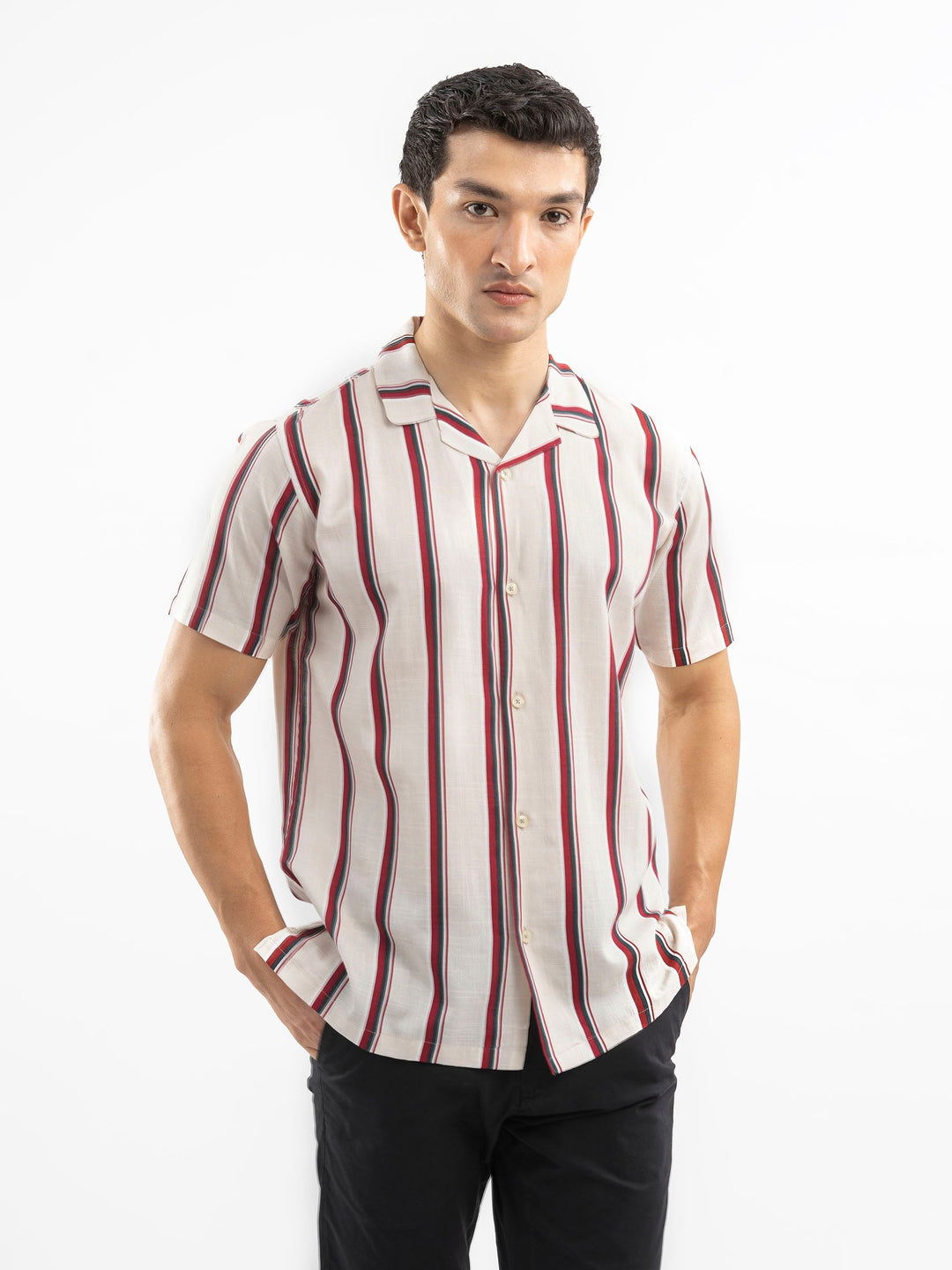 Brumano Mens RTW Solids Cotton Shirt Off-White N Red Cuban Collar Casual Collection
