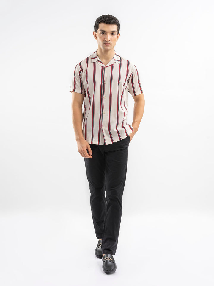Brumano Ready To Wear Shirts Men 1 Piece Cotton Off-White & Red Striped Cuban Collar Shirt 0-33-025-4412 - Summer Collection