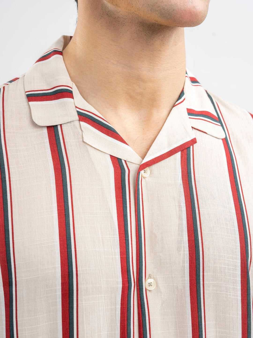 Brumano Ready To Wear Shirts Men 1 Piece Cotton Off-White & Red Striped Cuban Collar Shirt 0-33-025-4412 - Summer Collection