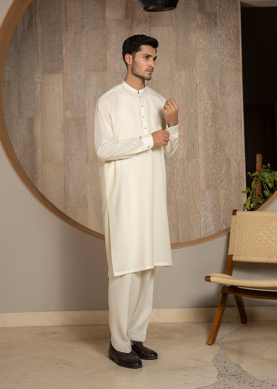 Buraq Men RTW Solids Wash N Wear Kurta Shalwar Suit Off White Ban Casual Collection