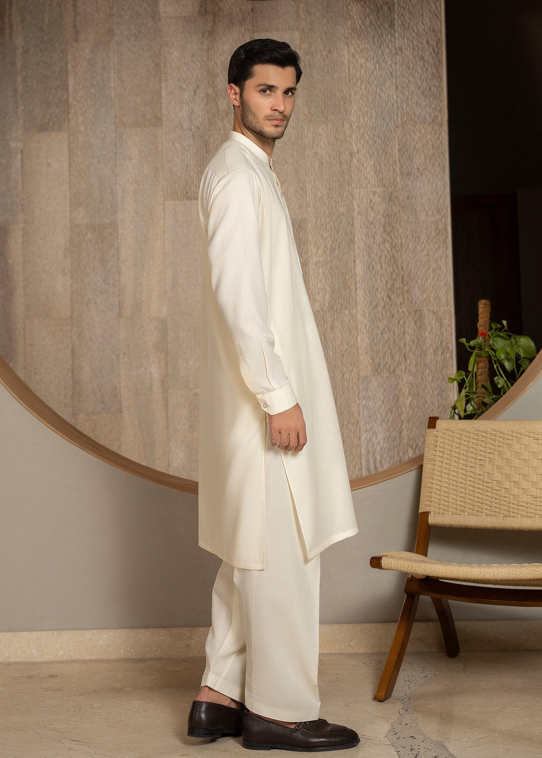Buraq Men RTW Solids Wash N Wear Kurta Shalwar Suit Off White Ban Casual Collection