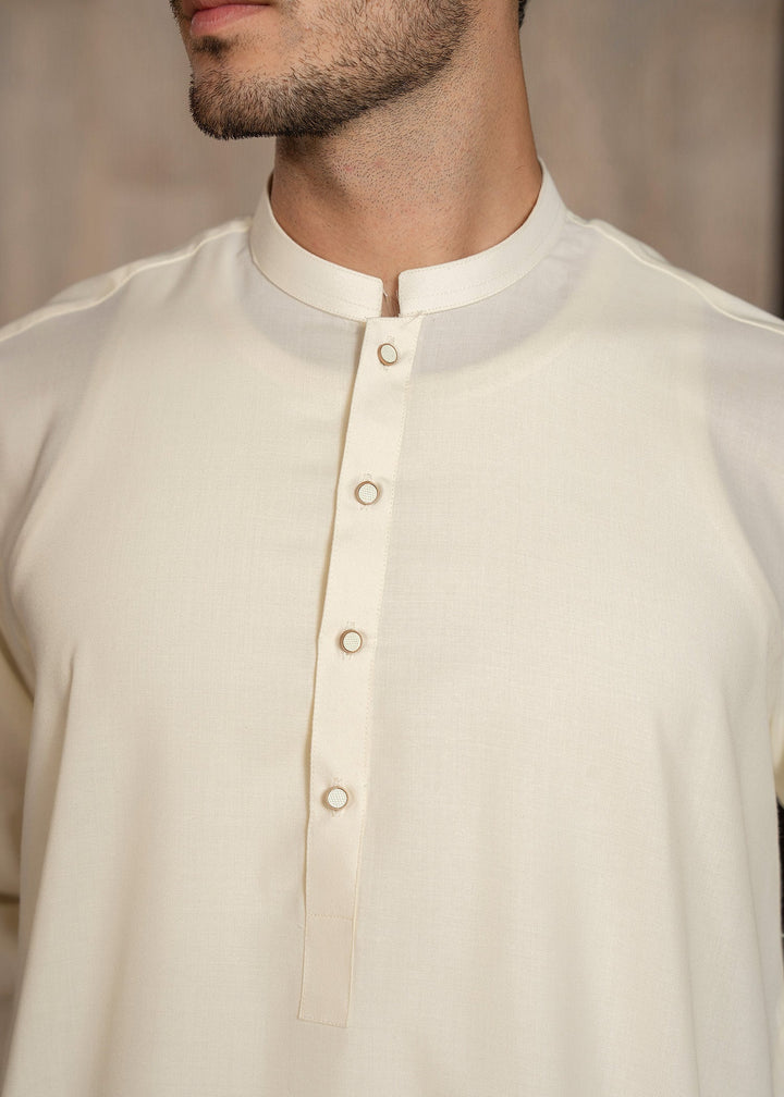 Buraq Men RTW Solids Wash N Wear Kurta Shalwar Suit Off White Ban Casual Collection