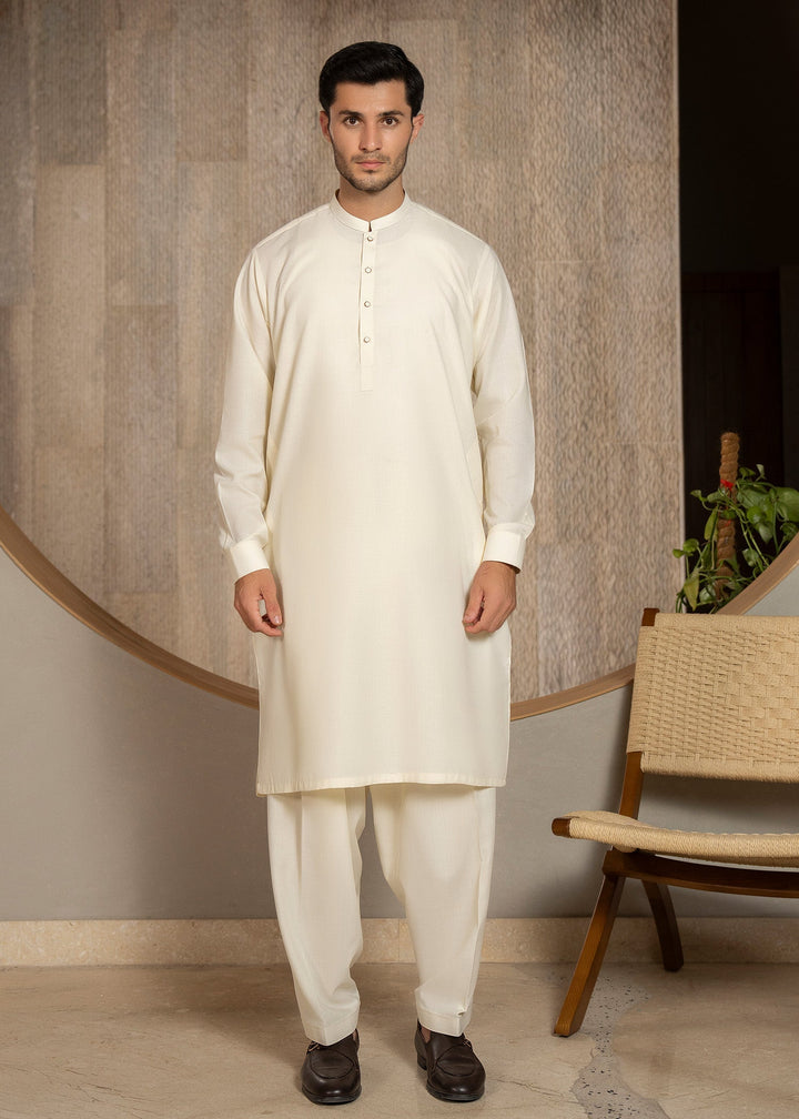 Buraq Men RTW Solids Wash N Wear Kurta Shalwar Suit Off White Ban Casual Collection