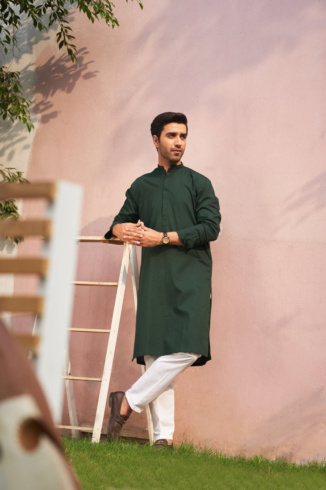 Muraqsh Ready To Wear Solids  Men Pine Cotton Kurta Trouser MUR-PCKWT-KUR - Summer Collection