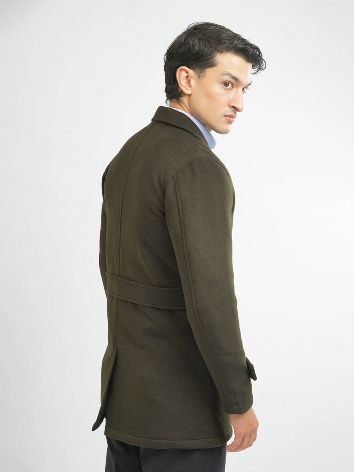 Brumano Mens RTW Solids Wool 1 Piece Olive Green Over Coat Winter Collection