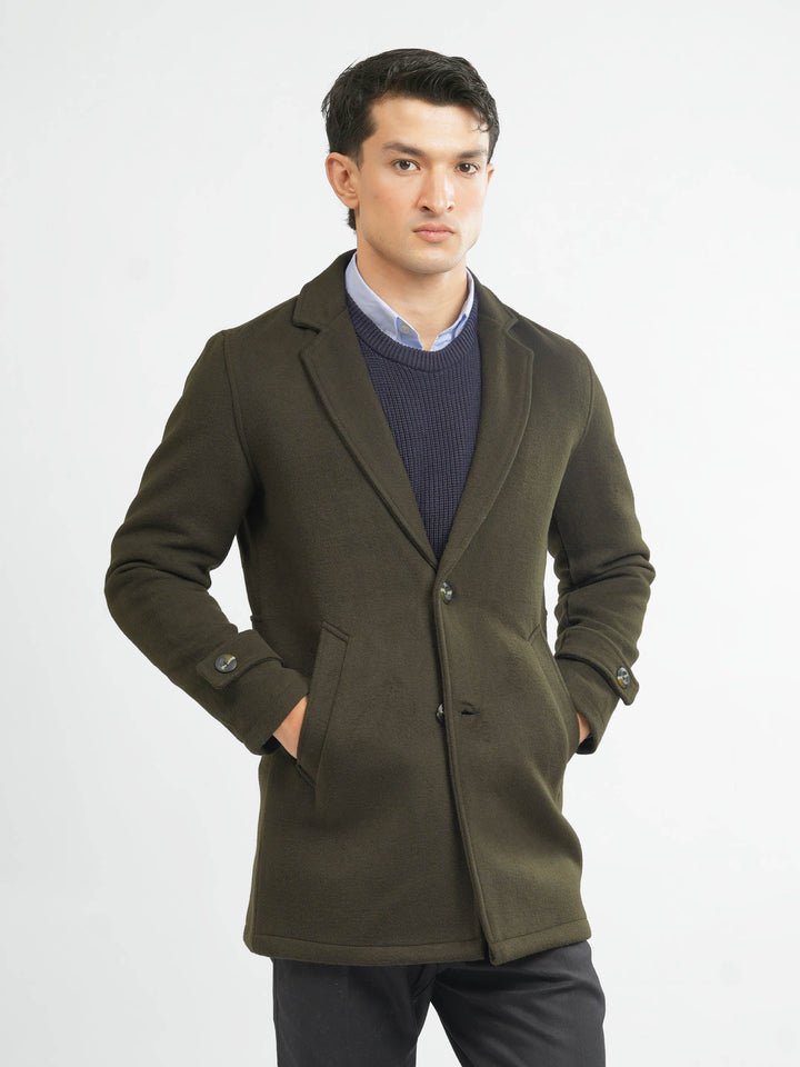 Brumano Mens RTW Solids Wool 1 Piece Olive Green Over Coat Winter Collection