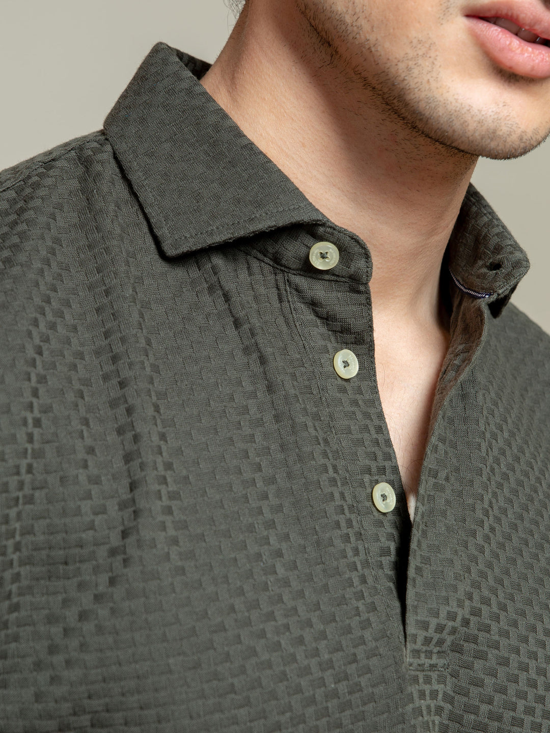 Brumano  Solids Cotton Polo Olive Textured Polo With Classic Collar