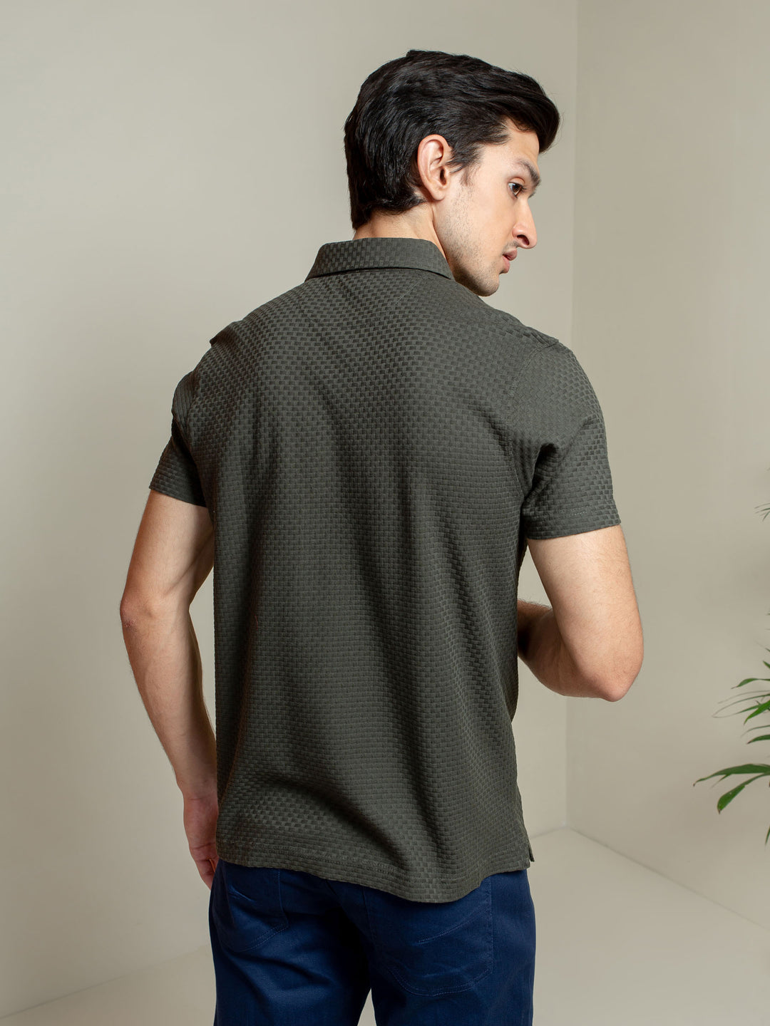 Brumano  Solids Cotton Polo Olive Textured Polo With Classic Collar