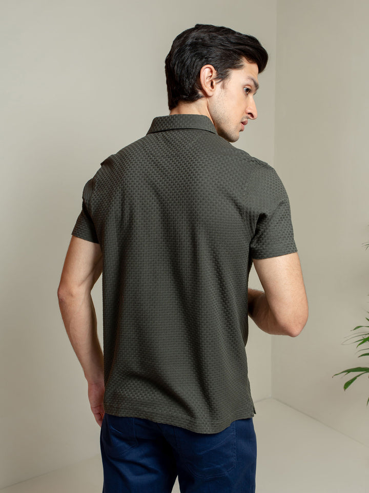 Brumano  Solids Cotton Polo Olive Textured Polo With Classic Collar