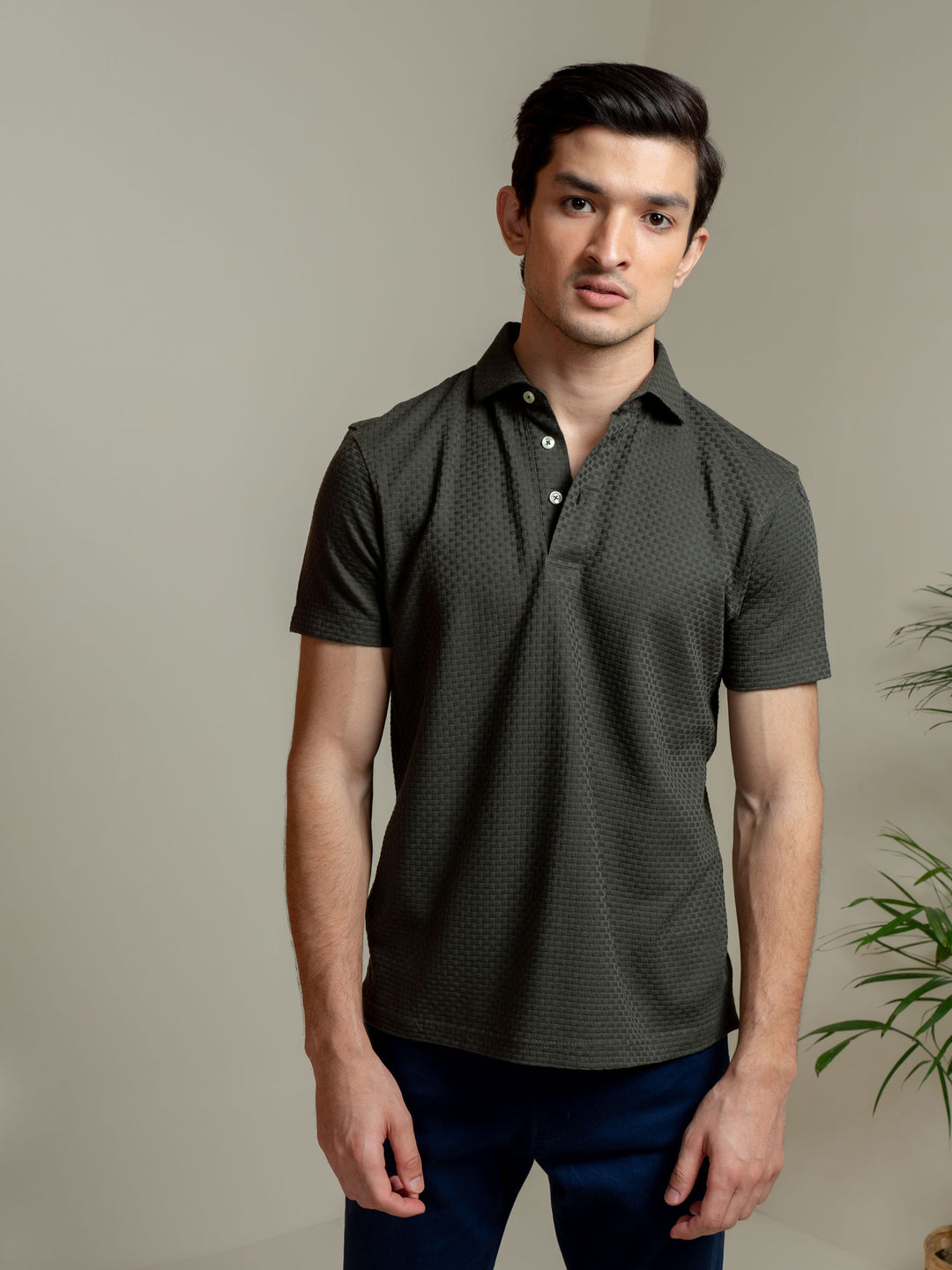 Brumano  Solids Cotton Polo Olive Textured Polo With Classic Collar