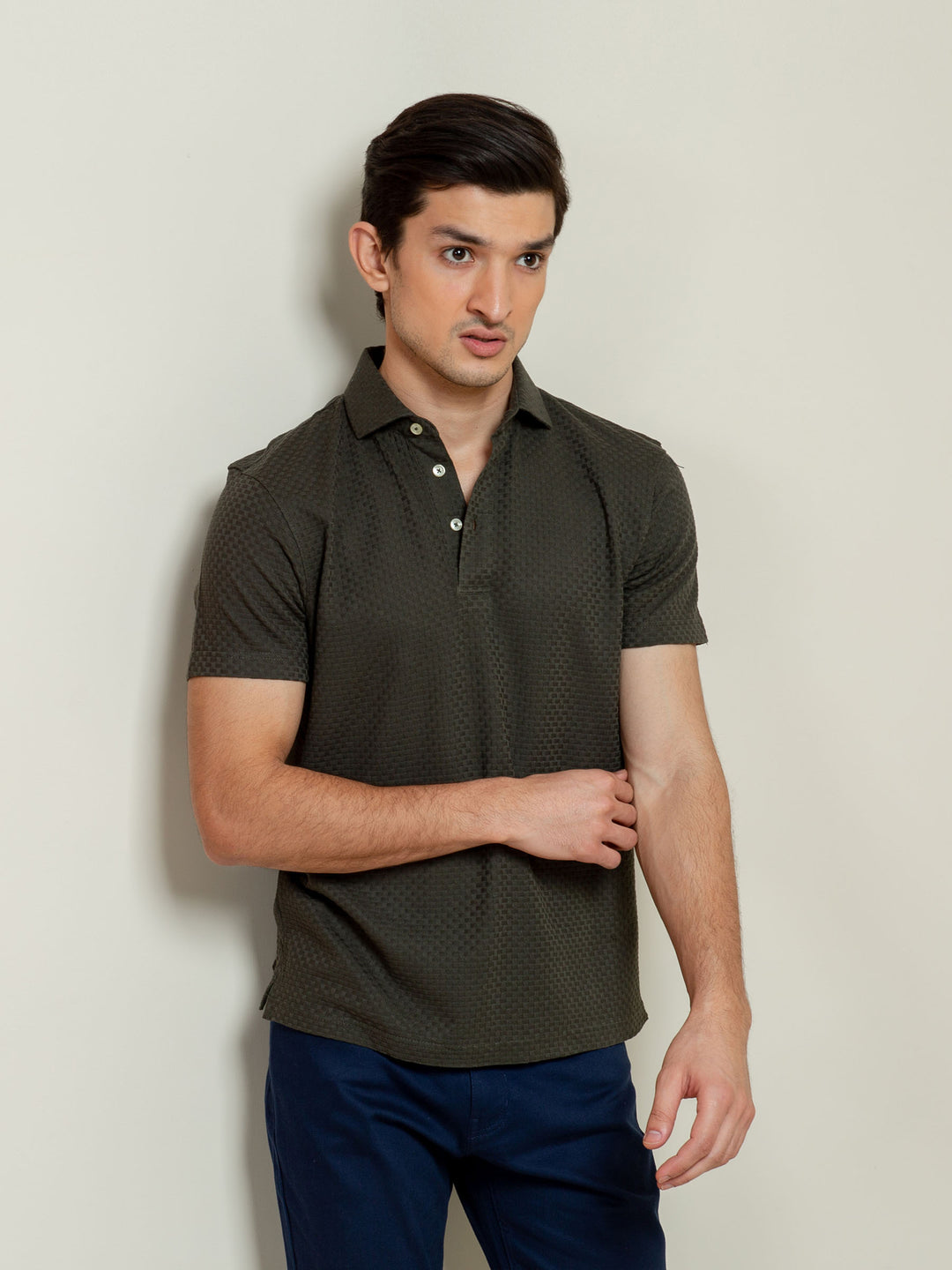 Brumano  Solids Cotton Polo Olive Textured Polo With Classic Collar
