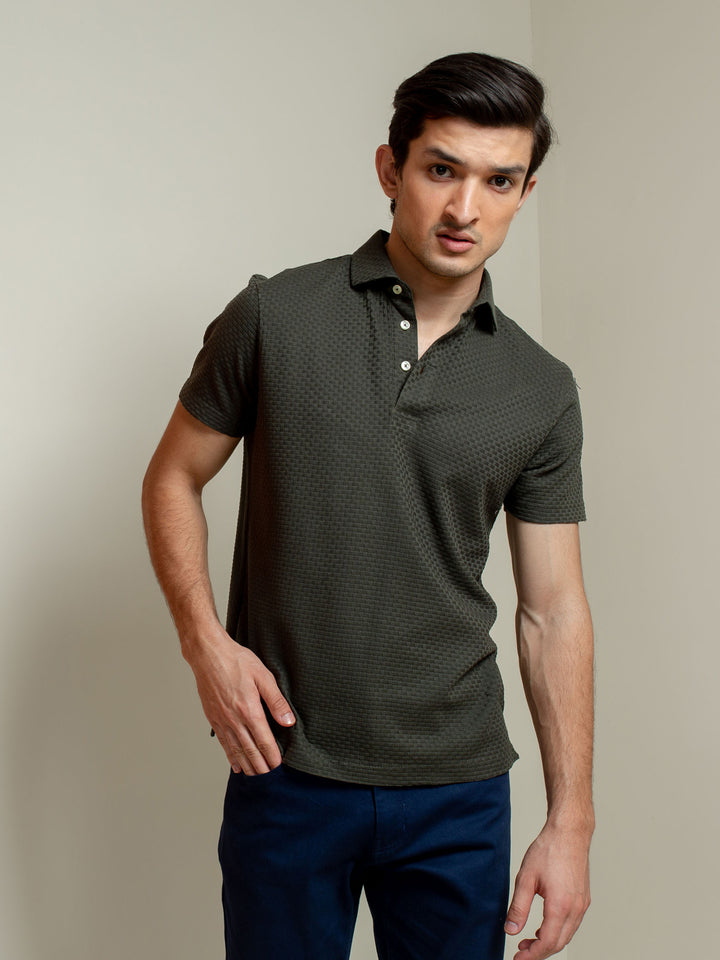 Brumano  Solids Cotton Polo Olive Textured Polo With Classic Collar