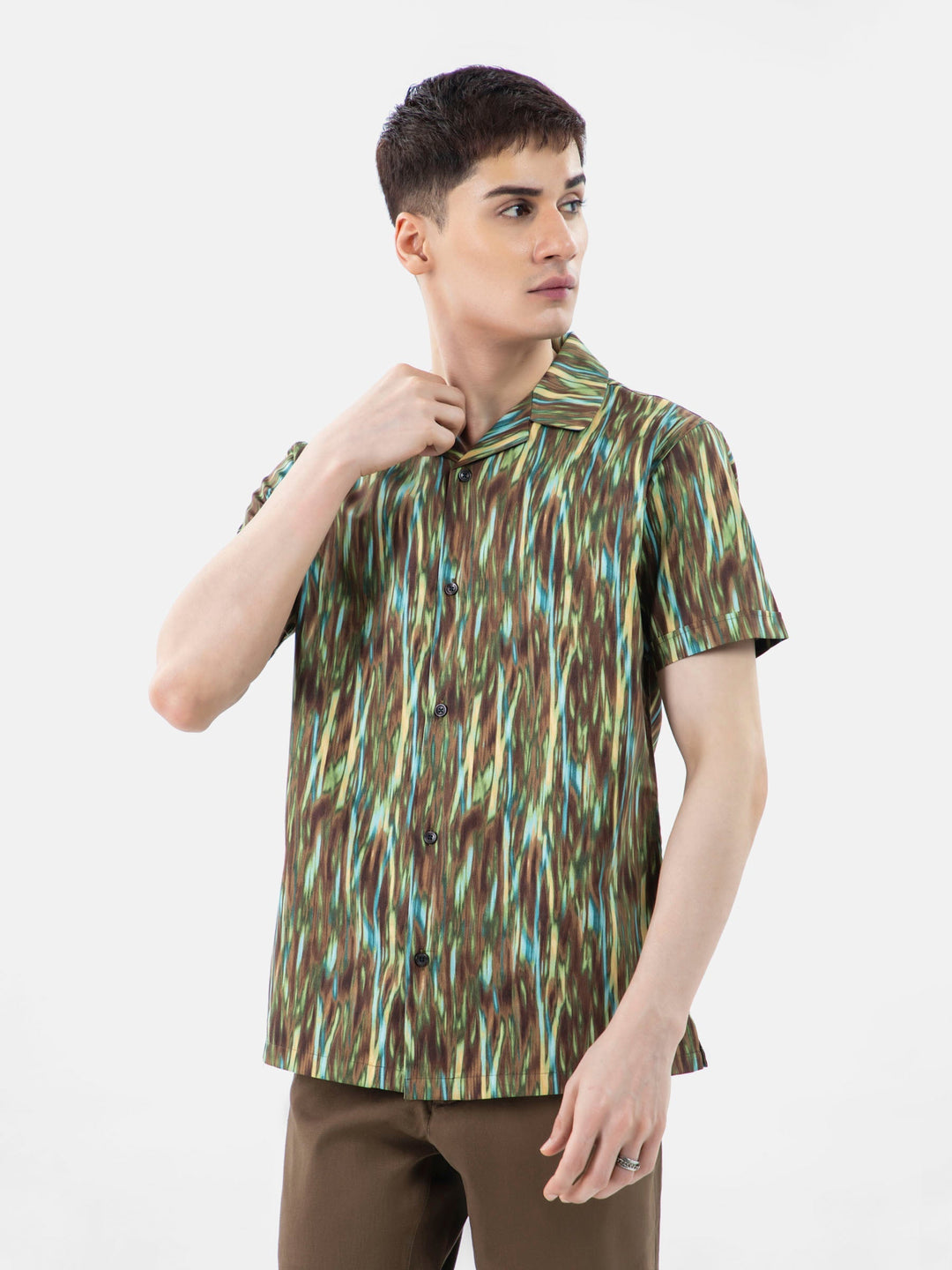Brumano Mens RTW Solids Cotton Shirt Olive Green Abstract Cuban Collar Casual Collection
