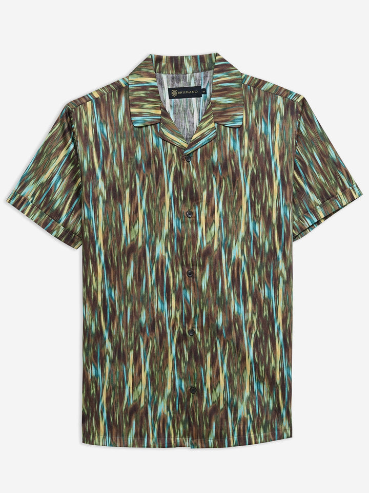 Brumano Ready To Wear Shirts Men 1 Piece Cotton Olive Green Abstract Printed Half Sleeve Cuban Collar Shirt 0-33-024-3234 - Summer Collection