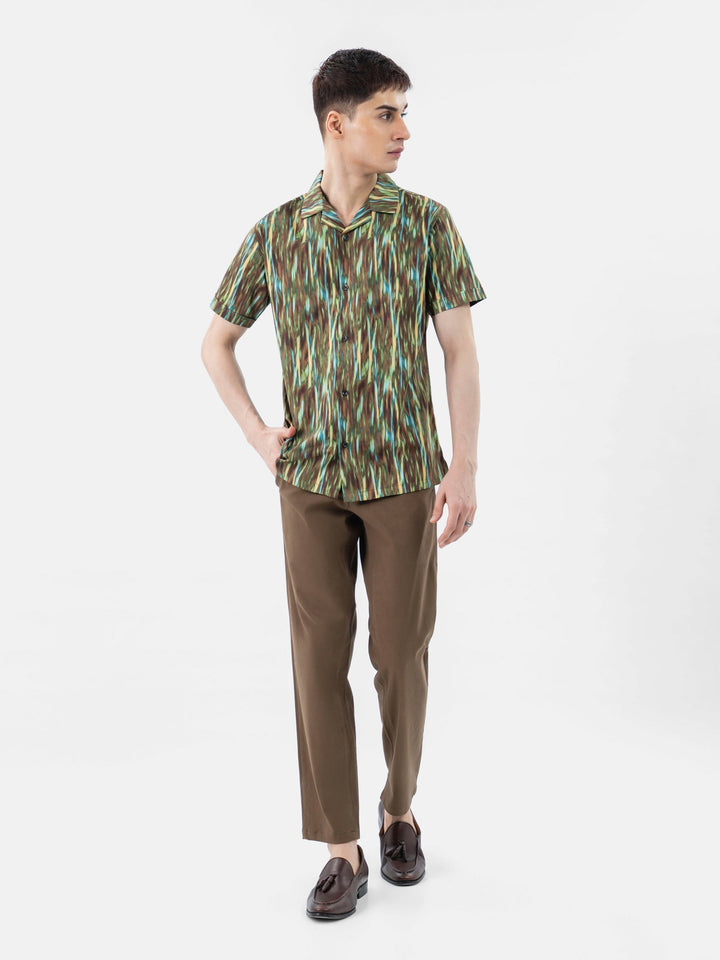 Brumano Ready To Wear Shirts Men 1 Piece Cotton Olive Green Abstract Printed Half Sleeve Cuban Collar Shirt 0-33-024-3234 - Summer Collection