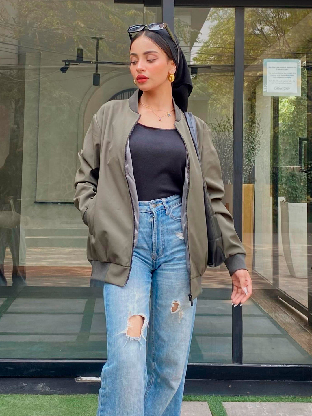 Brumano Pret Solids Polyester 1 Piece Olive Green Bomber Jacket - Women