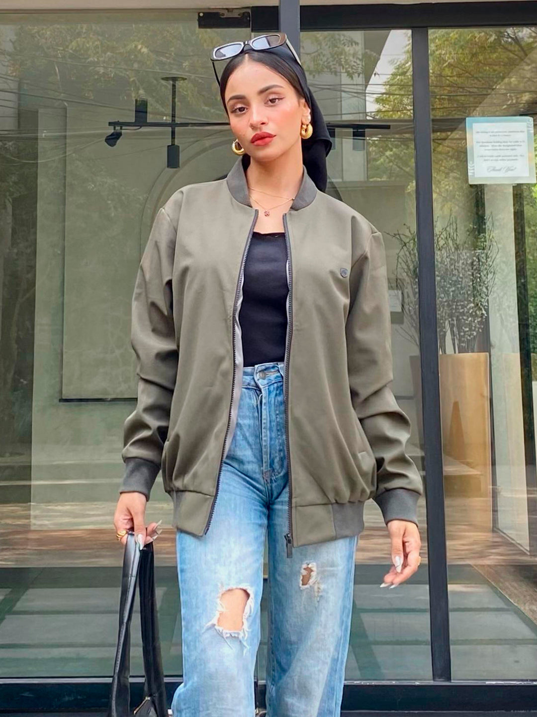 Brumano Pret Solids Polyester 1 Piece Olive Green Bomber Jacket - Women