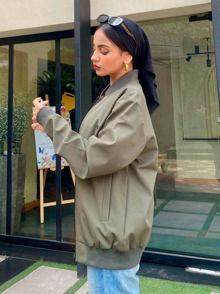 Brumano Pret Solids Polyester 1 Piece Olive Green Bomber Jacket - Women