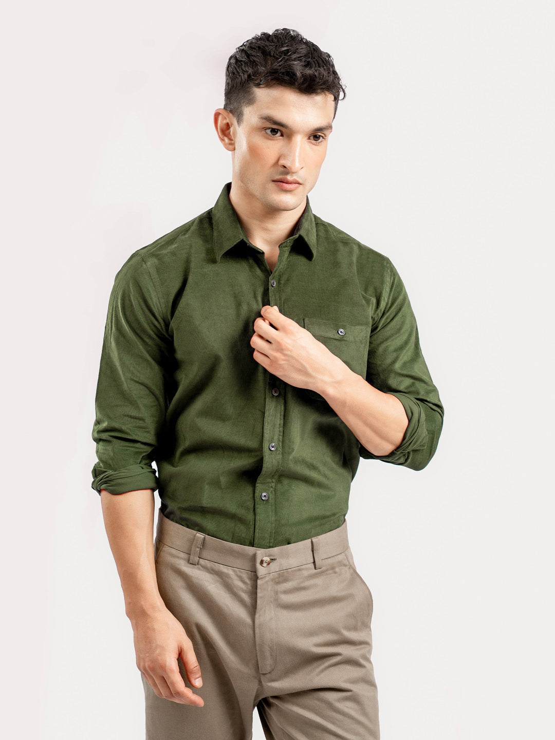 Brumano Mens RTW Solids Cotton Shirt Olive Green Corduroy Casual Collection