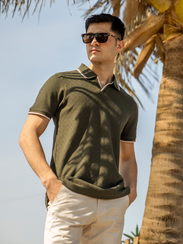 Brumano  Solids Cotton Polo Olive Green Jacquard Structured Tipped V-Neck Polo