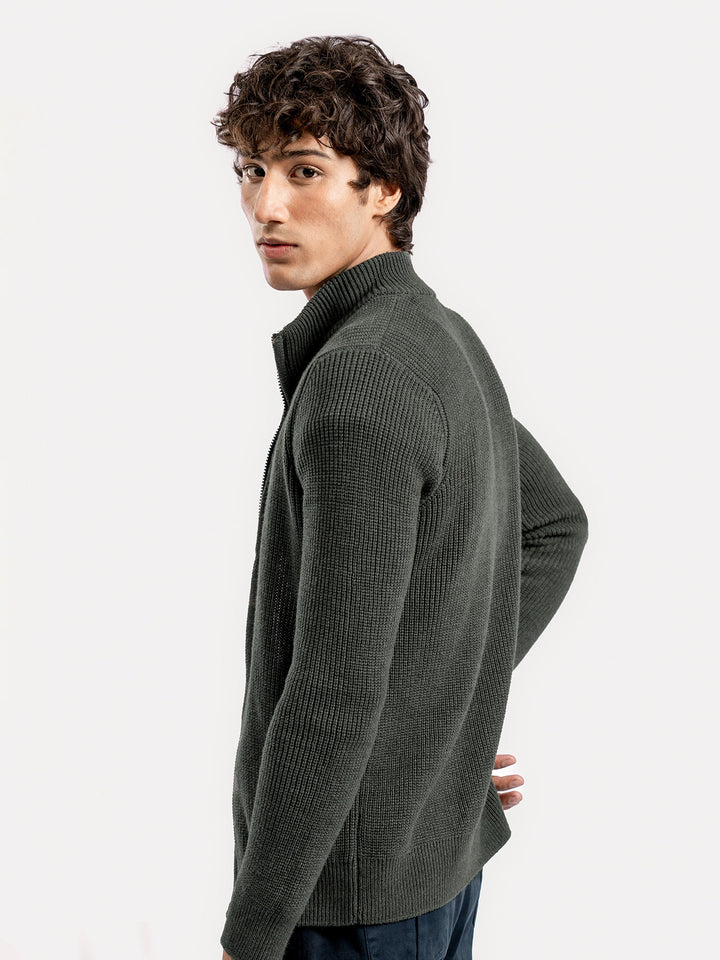 Brumano Ready To Wear Solids Cotton 1 Piece Men Olive Green Knitted Chunky Zipper Jacket 0-25-025-4759 - Winter Collection