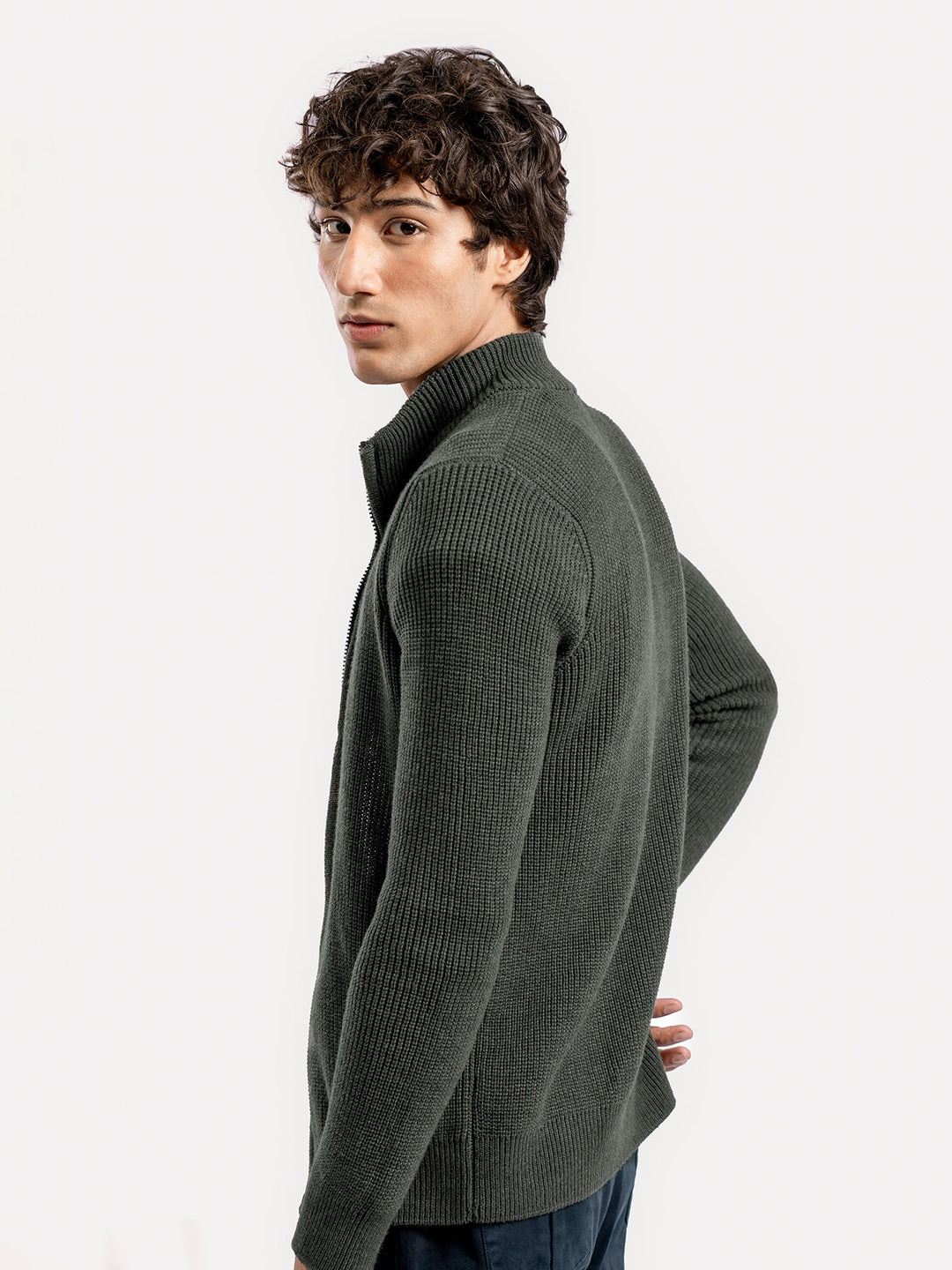 Brumano Ready To Wear Solids Cotton 1 Piece Men Olive Green Knitted Chunky Zipper Jacket 0-25-025-4759 - Winter Collection