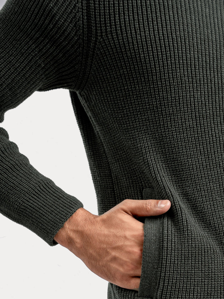 Brumano Ready To Wear Solids Cotton 1 Piece Men Olive Green Knitted Chunky Zipper Jacket 0-25-025-4759 - Winter Collection