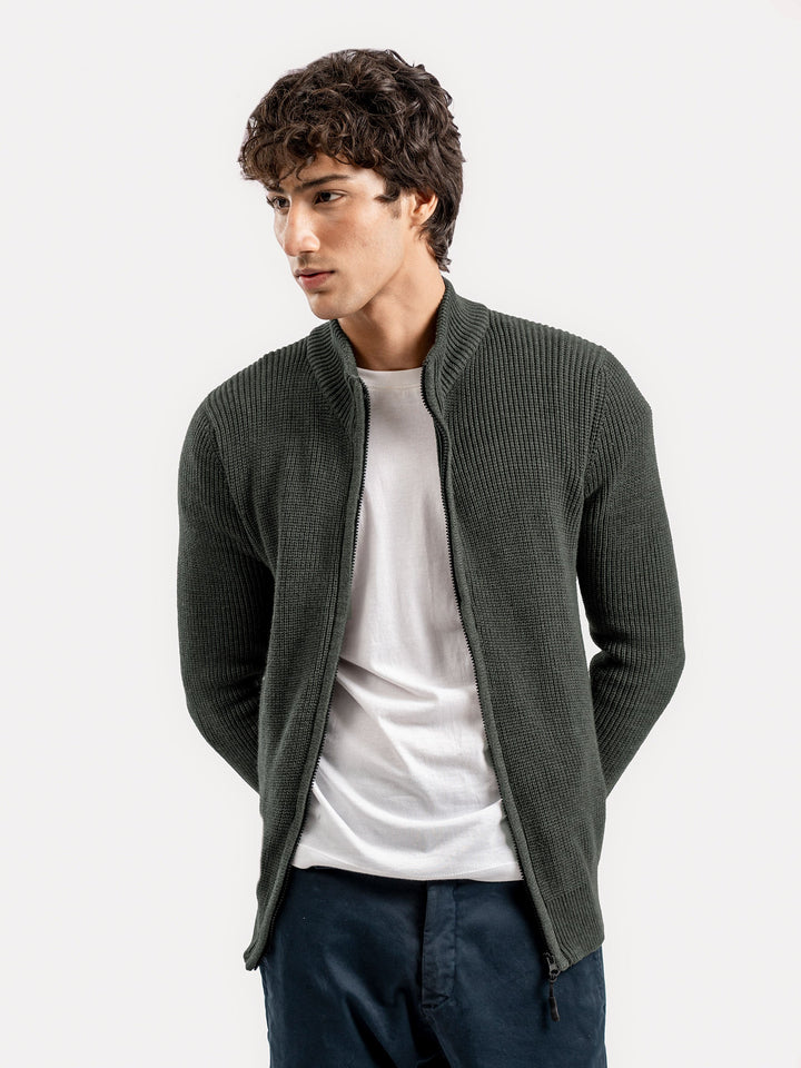 Brumano Ready To Wear Solids Cotton 1 Piece Men Olive Green Knitted Chunky Zipper Jacket 0-25-025-4759 - Winter Collection